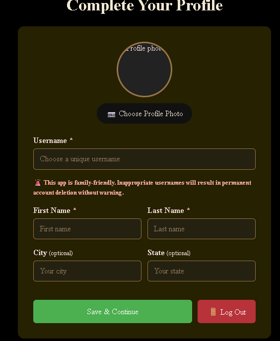 FairQuest profile setup page