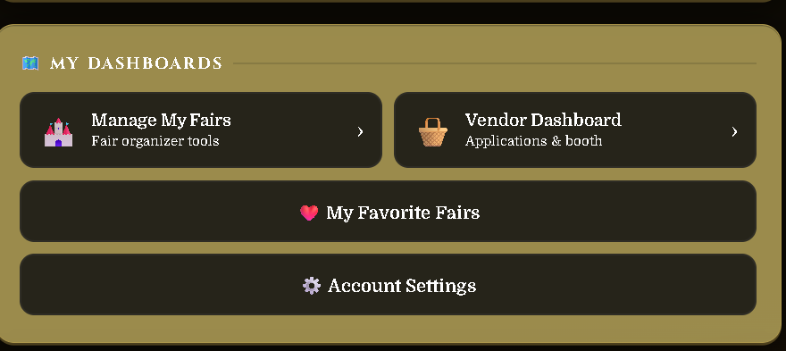 My Dashboards section showing Manage My Fairs button