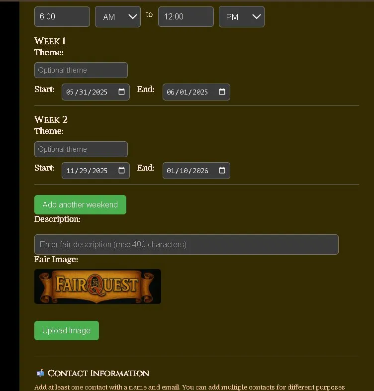 Fair update form showing weekend dates and image upload