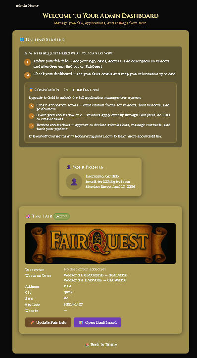Admin dashboard showing list of fairs